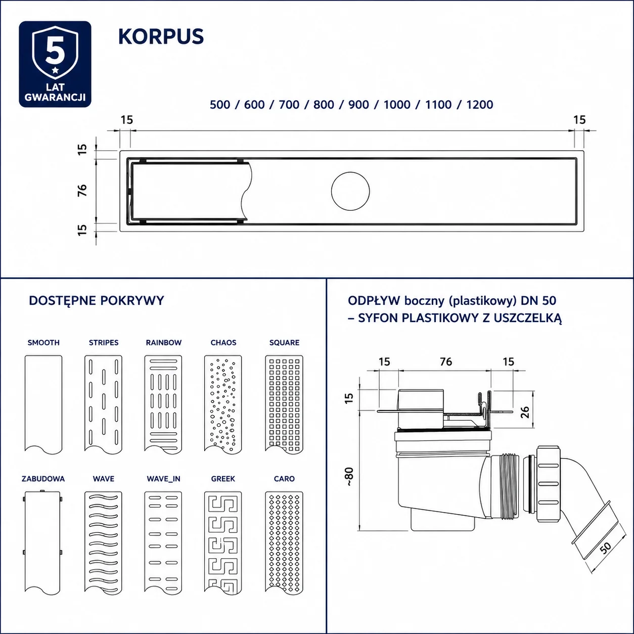 Odpływ liniowy prysznicowy boczny KF_p 50 cm z plastikowym odpływem DN50 i syfonem