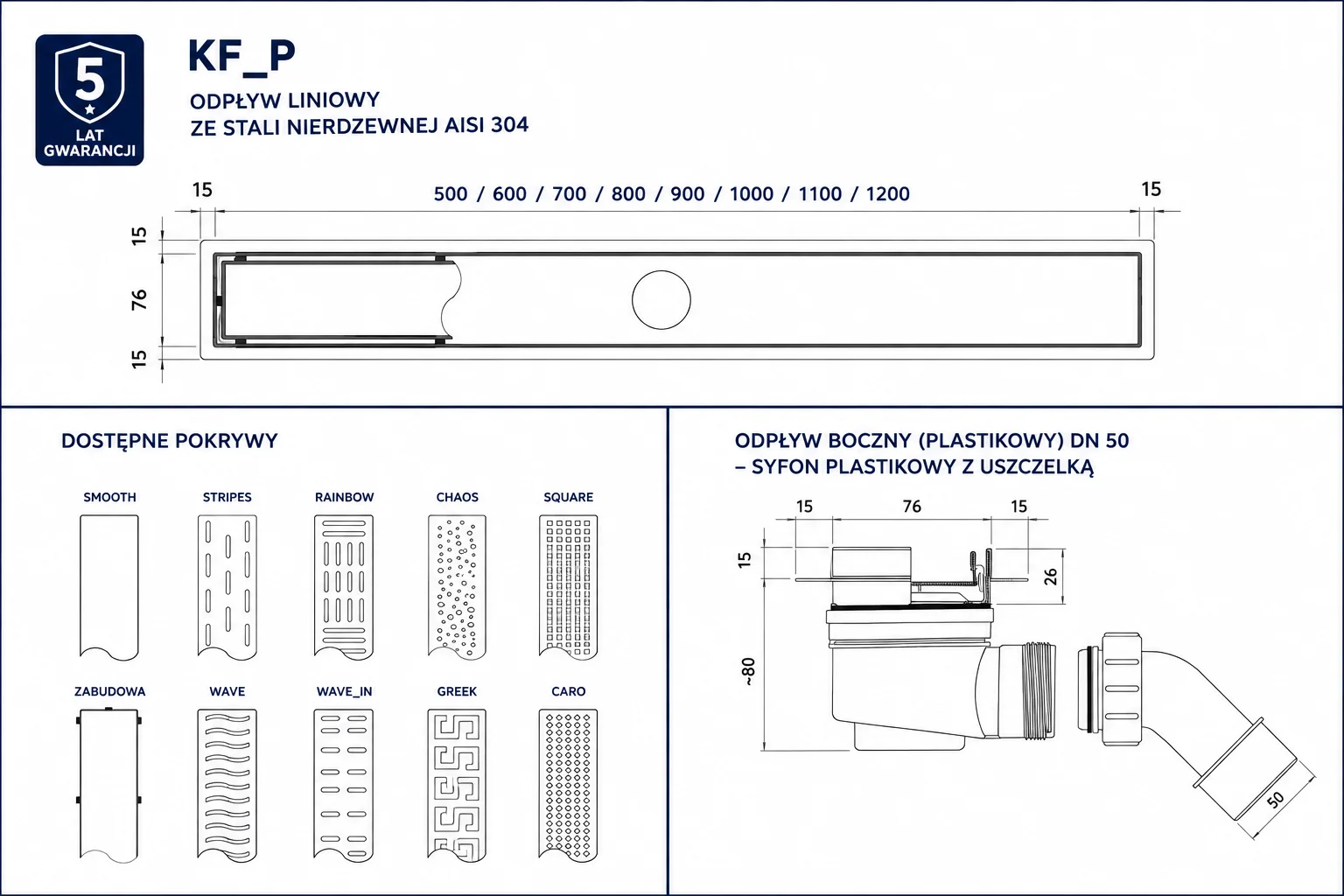 Odpływ liniowy prysznicowy boczny KF_p 50 cm z plastikowym odpływem DN50 i syfonem Przekrój