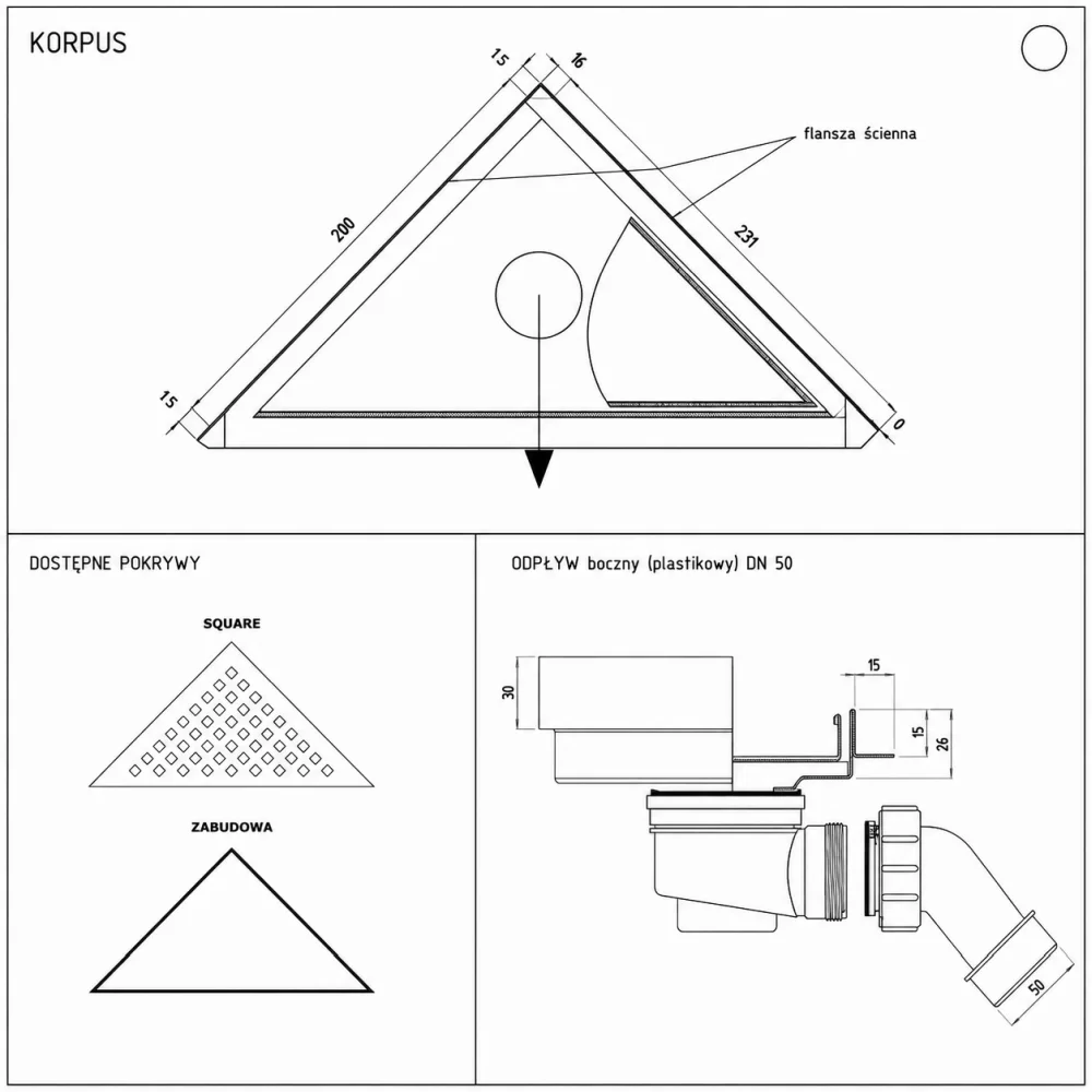 Odpływ liniowy narożny trójkątny KFT_p 20 x 20 cm z odpływem plastikowym DN 50