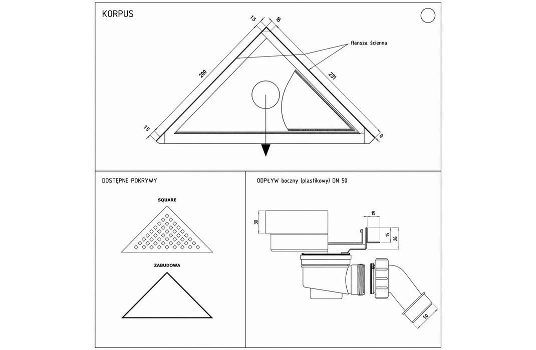 Odpływ liniowy narożny trójkątny KFT_p 20 x 20 cm z odpływem plastikowym DN 50