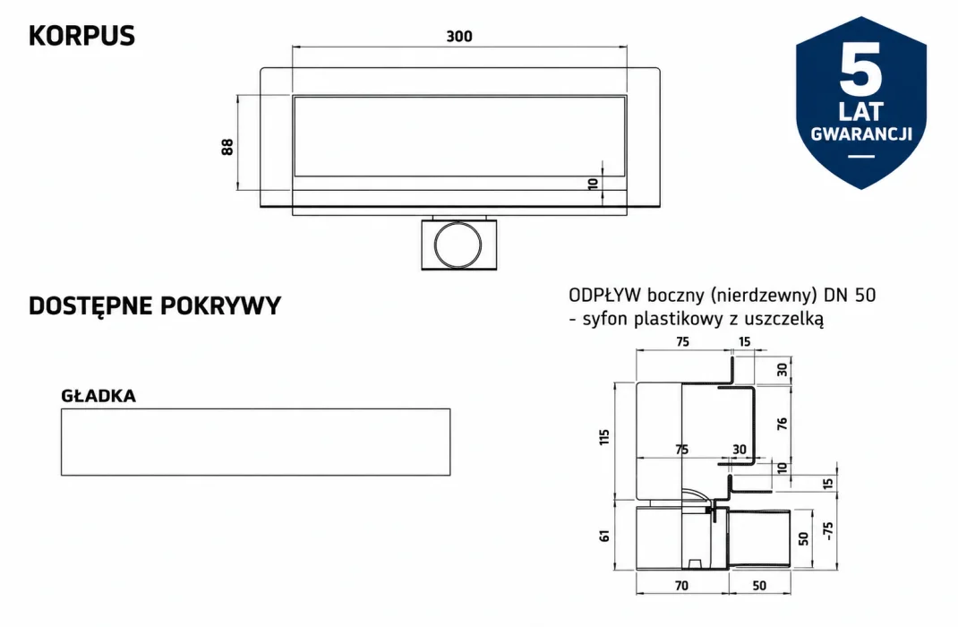 Odpływ liniowy ścienny KGF_m 30 cm z nierdzewnym odpływem DN 50
