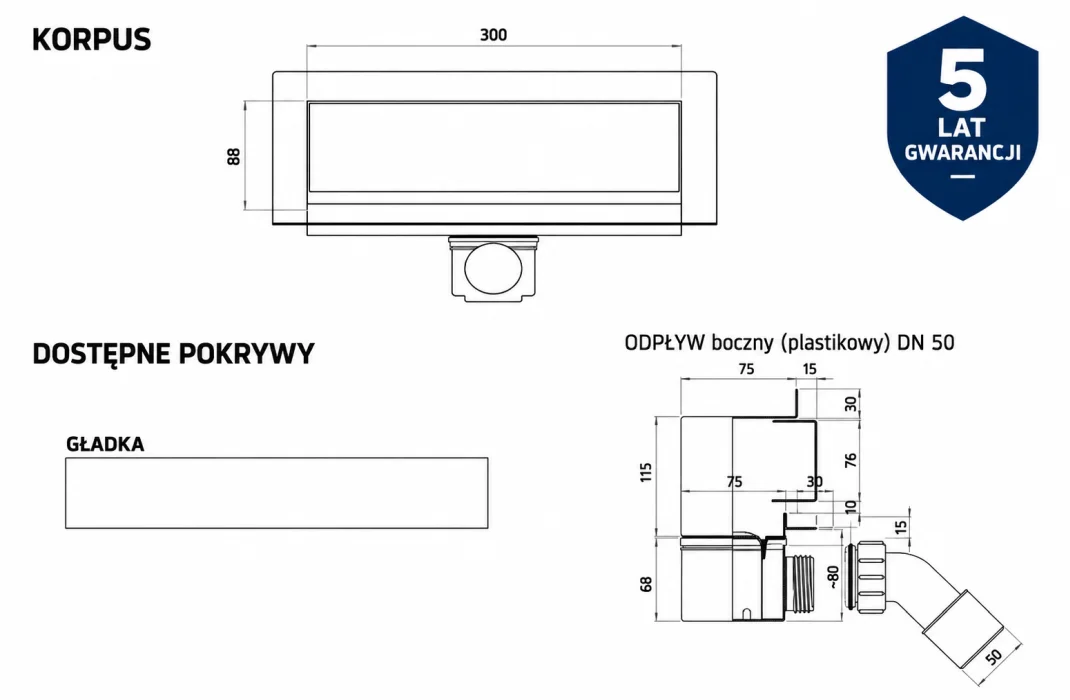 Odpływ liniowy ścienny KGF_p 30 cm z plastikowym odpływem DN 50