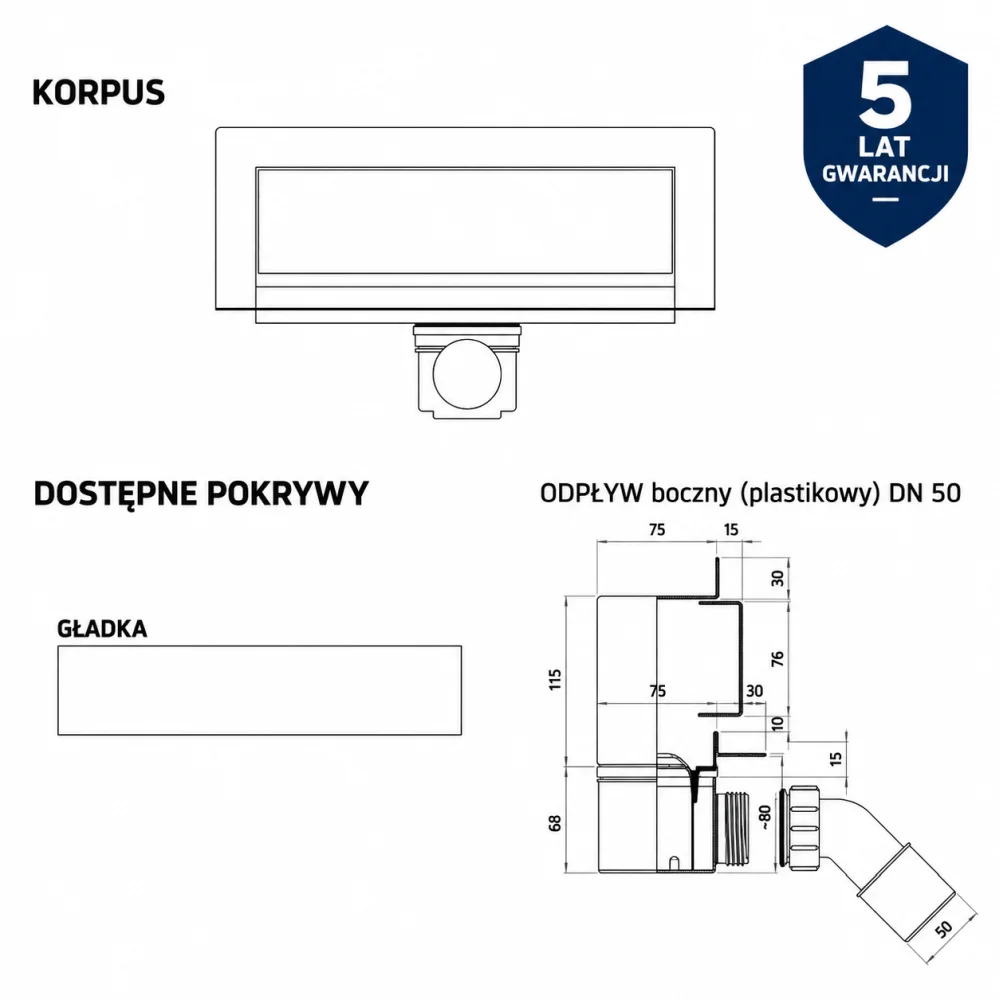 Odpływ liniowy ścienny KGF_p 30 cm z plastikowym odpływem DN 50