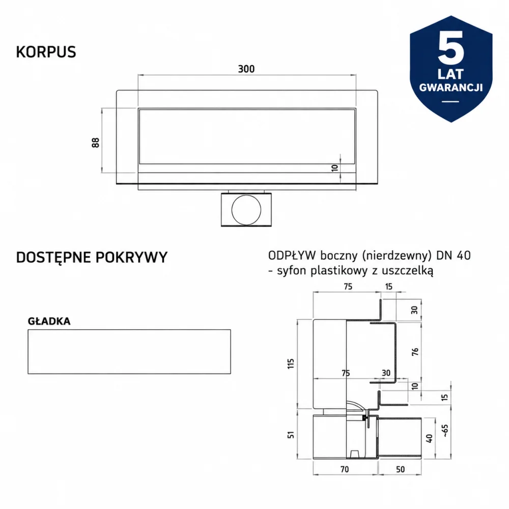 Odpływ liniowy ścienny KGNF_m 30 cm z nierdzewnym odpływem