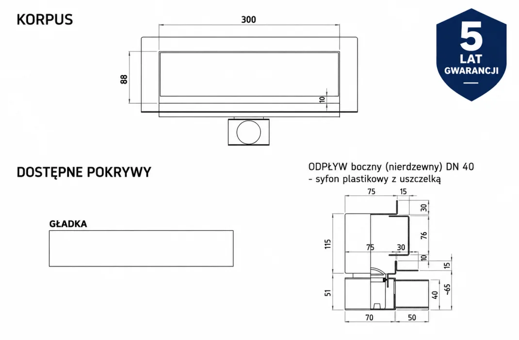 Odpływ liniowy ścienny KGNF_m 30 cm z nierdzewnym odpływem